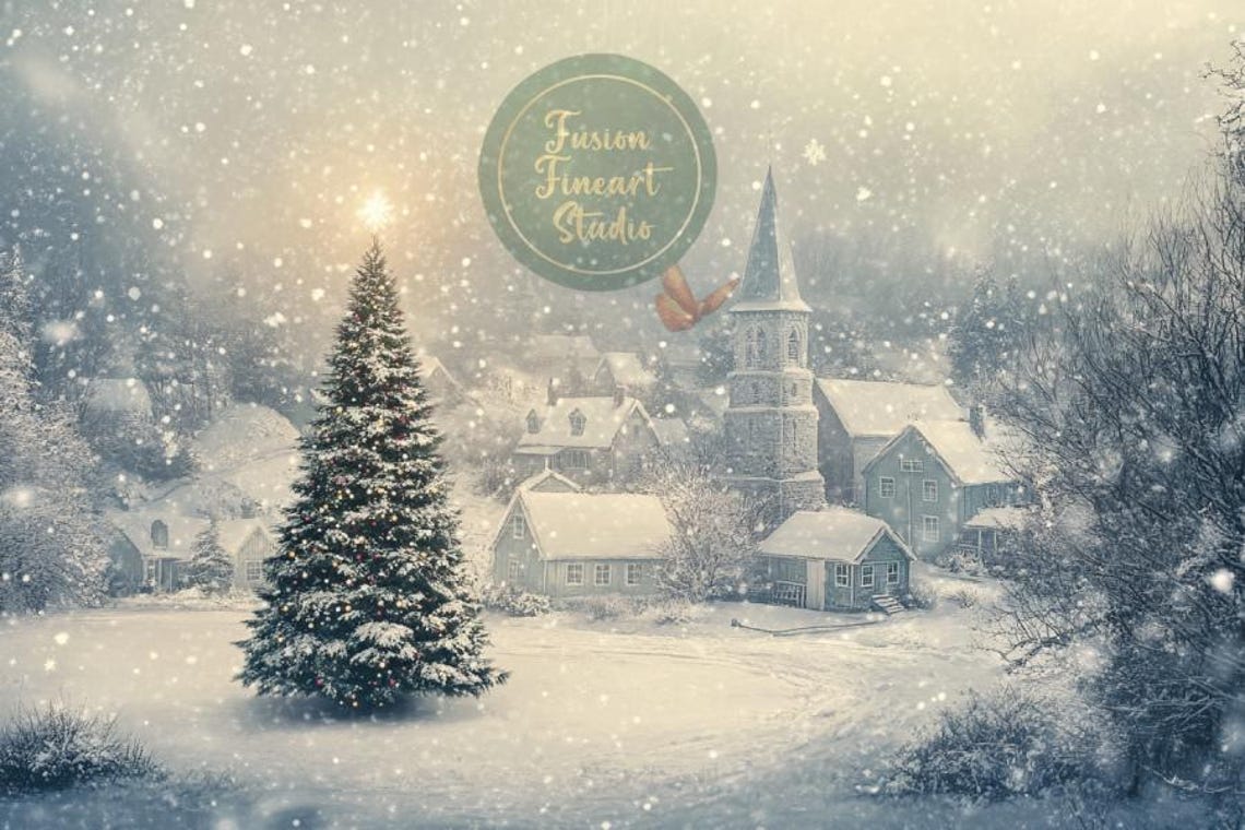 Giant Snowy Christmas Tree Village Church Falling Snow Poster - Image 3