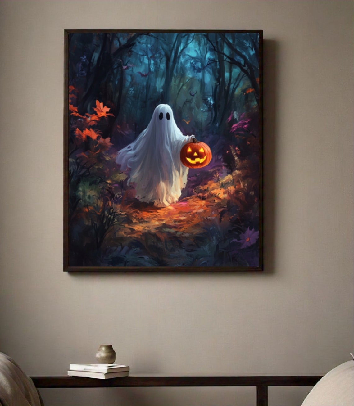 Cute Ghost Carrying Jack O Lantern Through Enchanted Forest Poster - Image 2