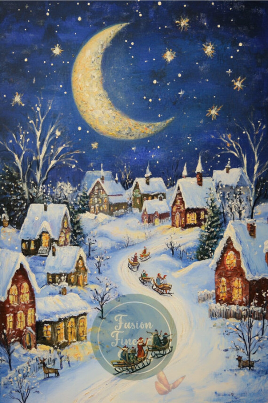 Crescent Moon Over Snowy Village Sleighs Christmas Night Scene Poster - Image 3