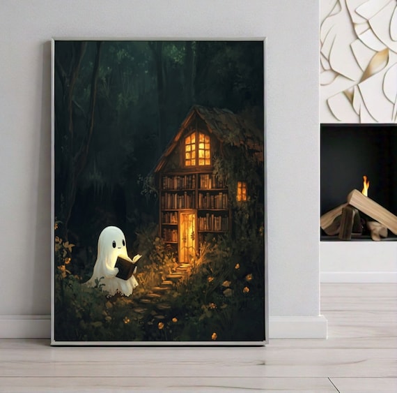 Cute Ghost Reading Book Cozy Forest Cottage Night Spooky Poster