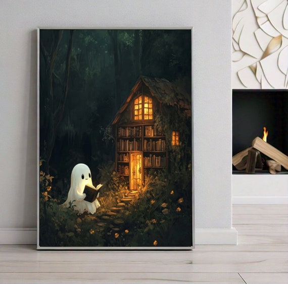 Cute Ghost Reading Book Print Halloween Wall Art Ghost Print Spooky Season Gothic Decor Instant Jpg