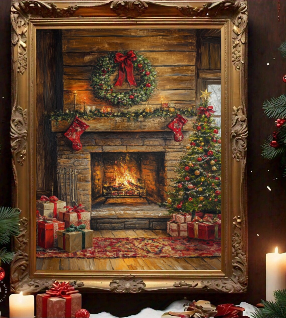 Christmas Fireplace Mantel Art Print, Holiday Decor