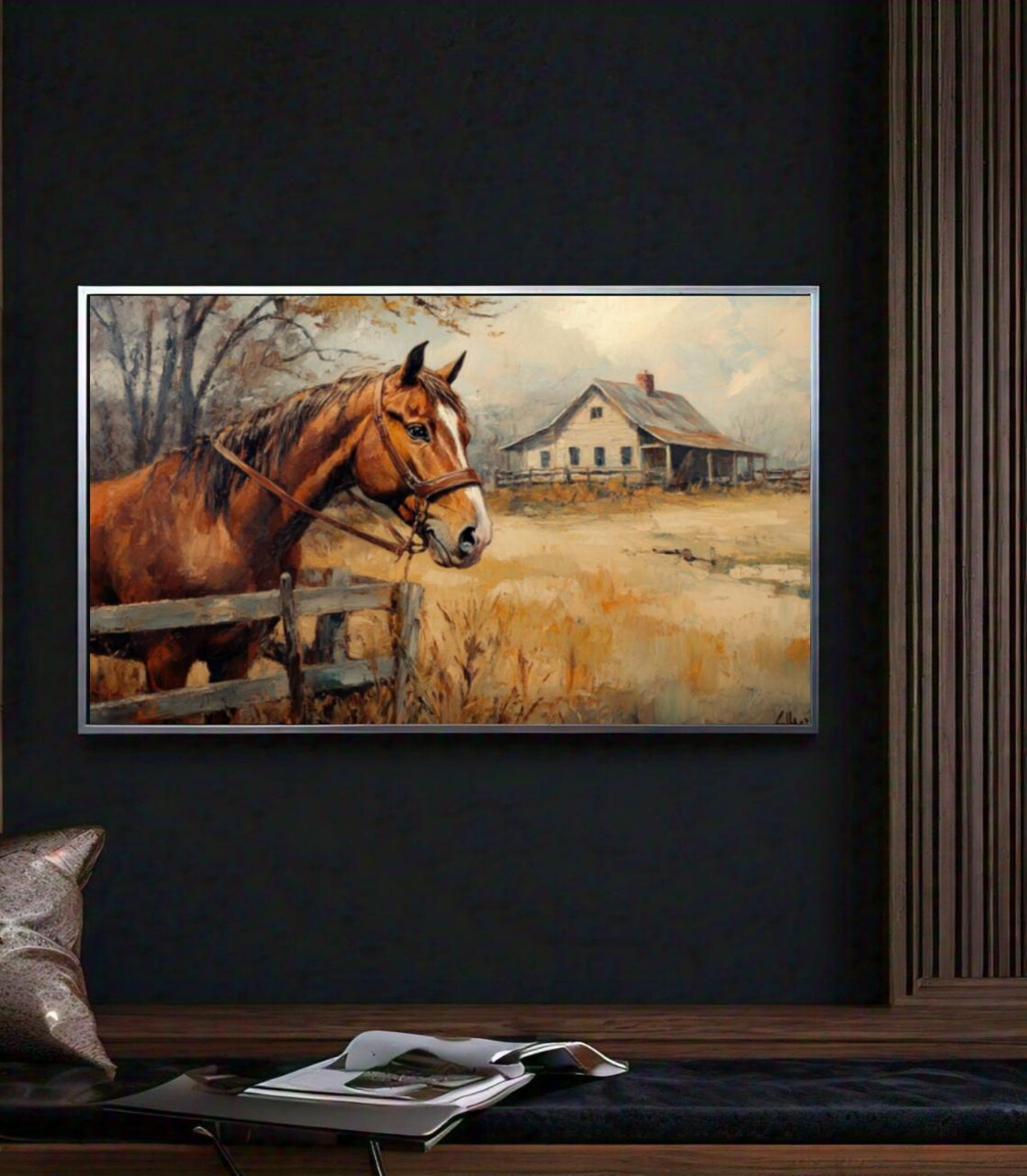 Chestnut Horse Wooden Fence Rustic Farmhouse Autumn Field Poster