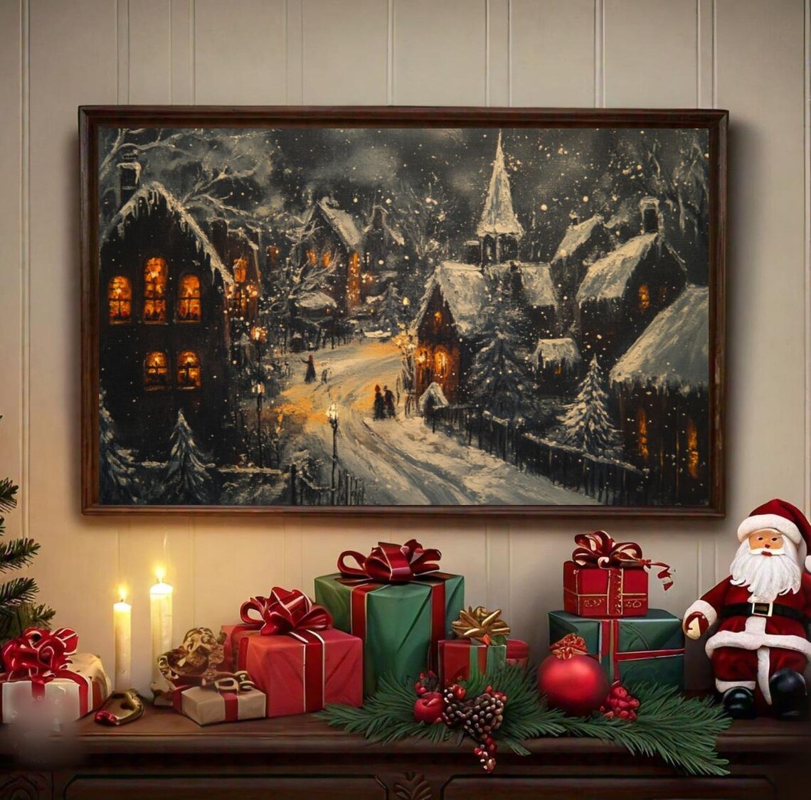 Snow Covered Village Church Spire Christmas Night Scene Poster