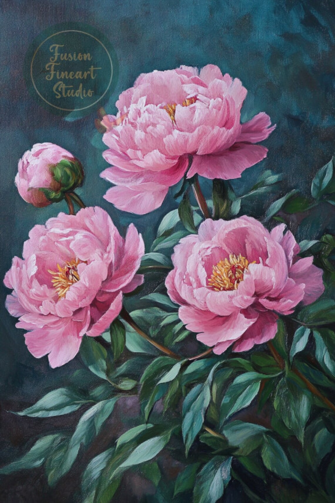Pink Peony Bouquet Dark Teal Moody Vintage Floral Oil Painting Poster - Image 3