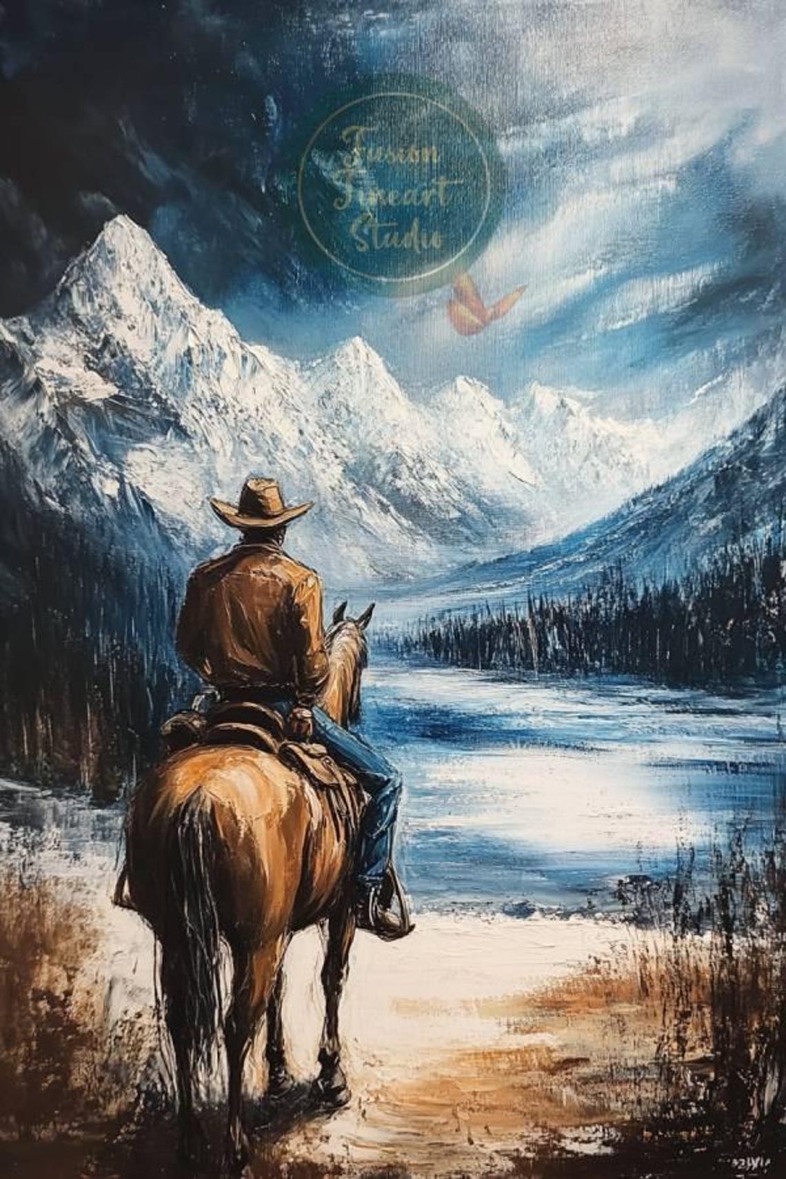 Cowboy Horseback Snowy Mountain Lake Western Frontier Poster - Image 3