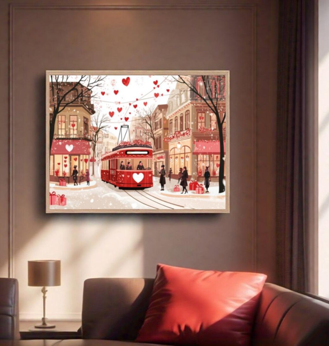 Red Tram Snowy Valentine Street Shops Hearts Winter Scene Poster - Image 2
