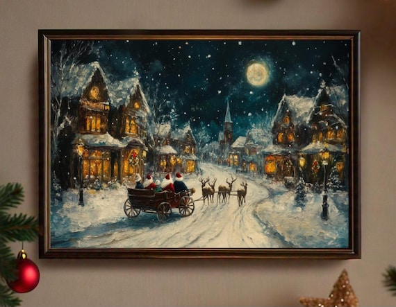 Christmas Village Print Winter Print Christmas Wall Art Moody Wall Art Snowy Christmas Prints Landscape Painting Prints