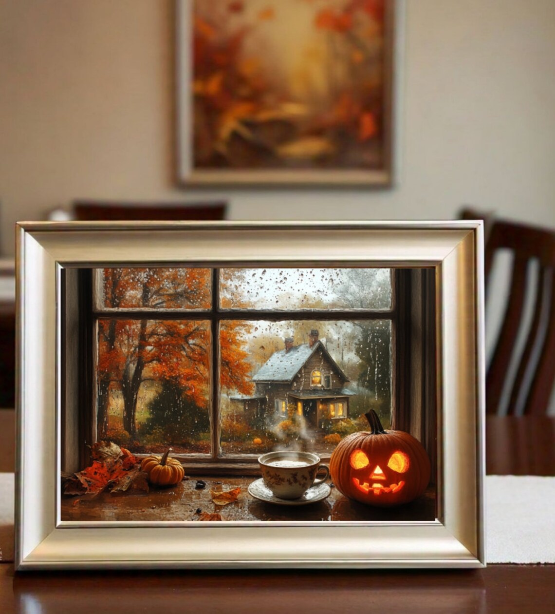 Jack O Lantern Coffee on Rainy Halloween Window Dark Academia Poster - Image 2