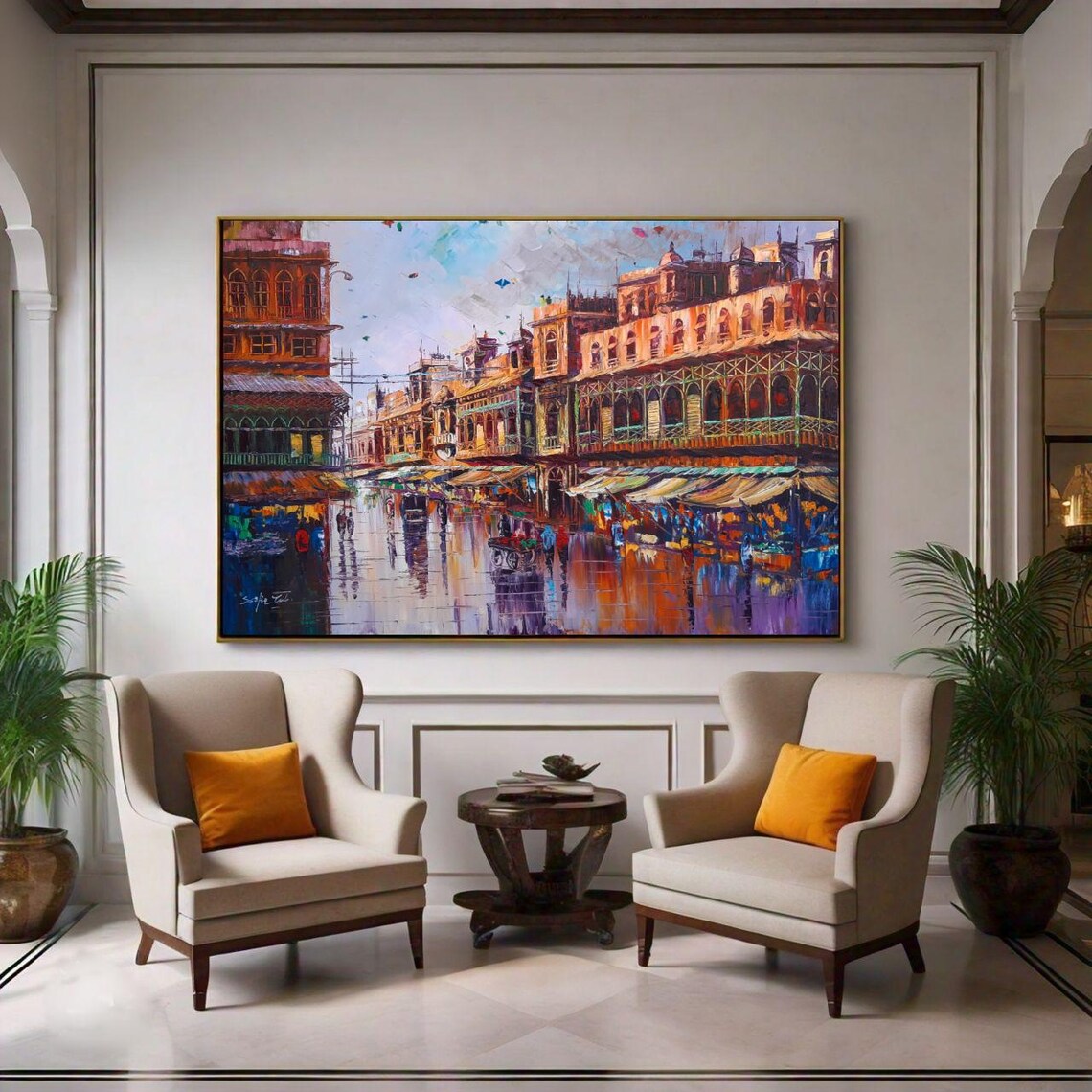 Rainy Old Bazaar Market Street Impasto Original Oil Painting Poster - Image 2