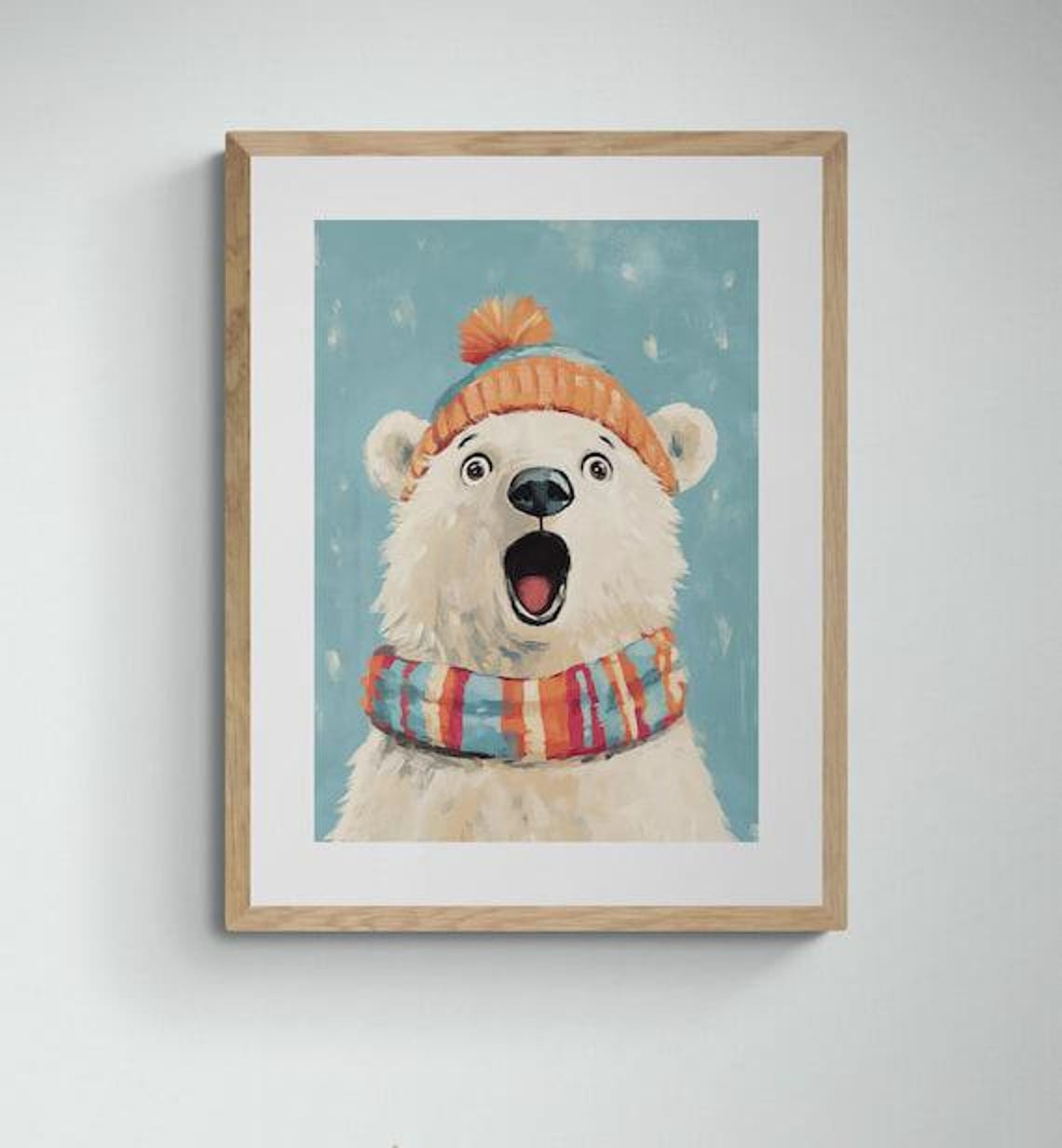 Cheerful Polar Bear Winter Hat Scarf Cute Arctic Kids Wall Art Poster - Image 3