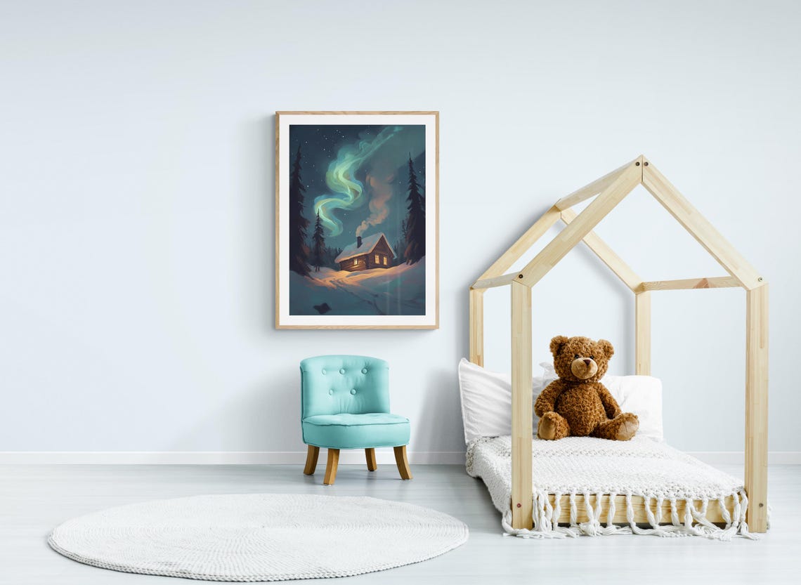 Cozy Snowy Cabin Under Northern Lights Aurora Winter Night Art Poster - Image 2