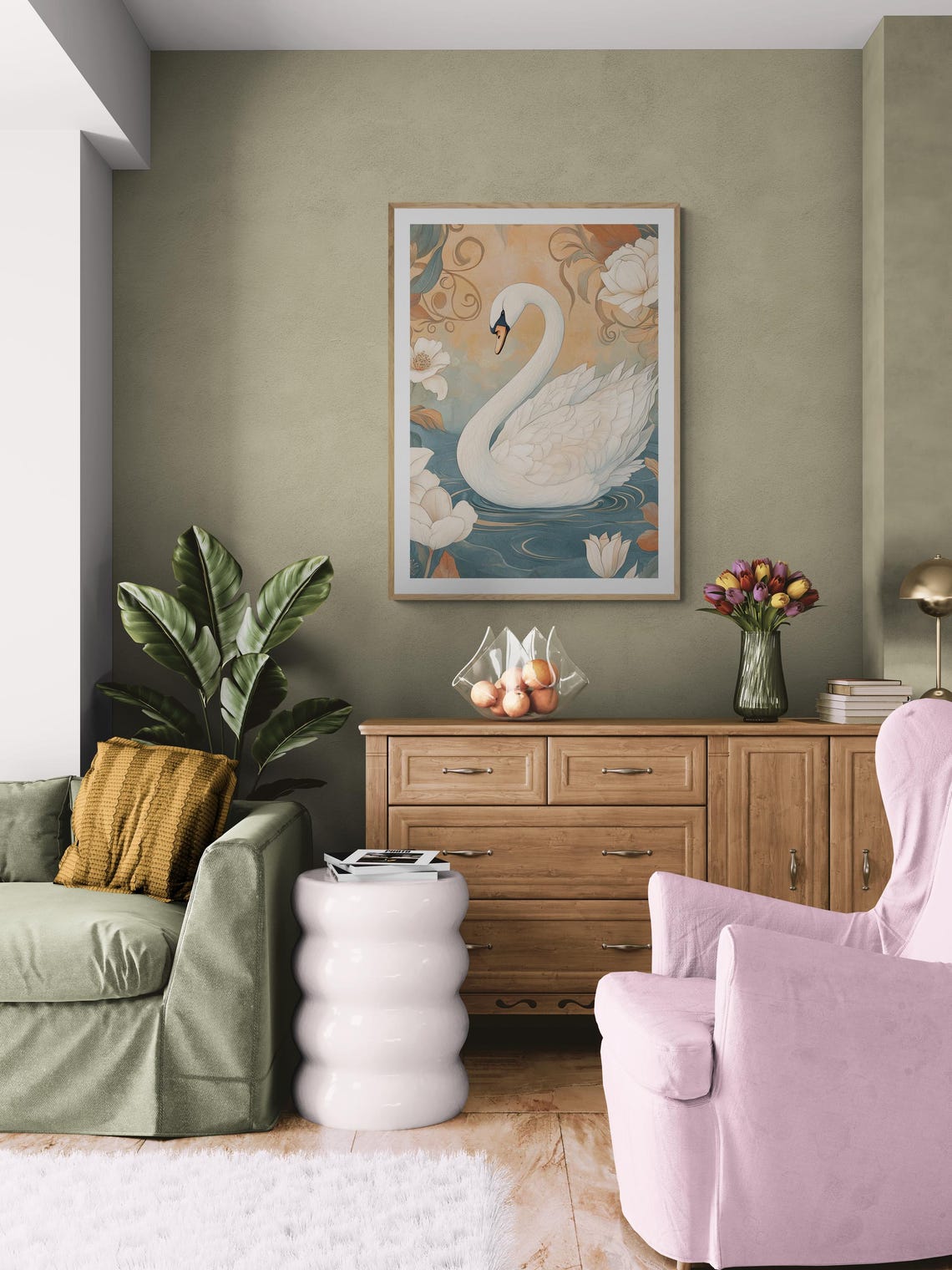Art Nouveau White Swan On Blue Water Lotus Flowers Elegant Wall Art - Image 4