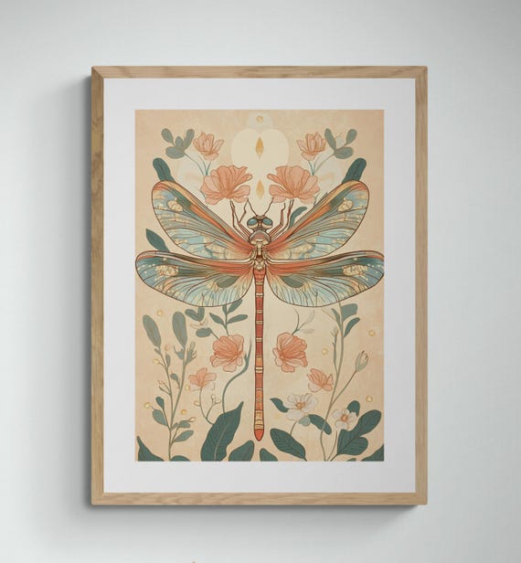 Art Nouveau Dragonfly Elegant Vintage Inspired Wall Art Nature Inspired Decor