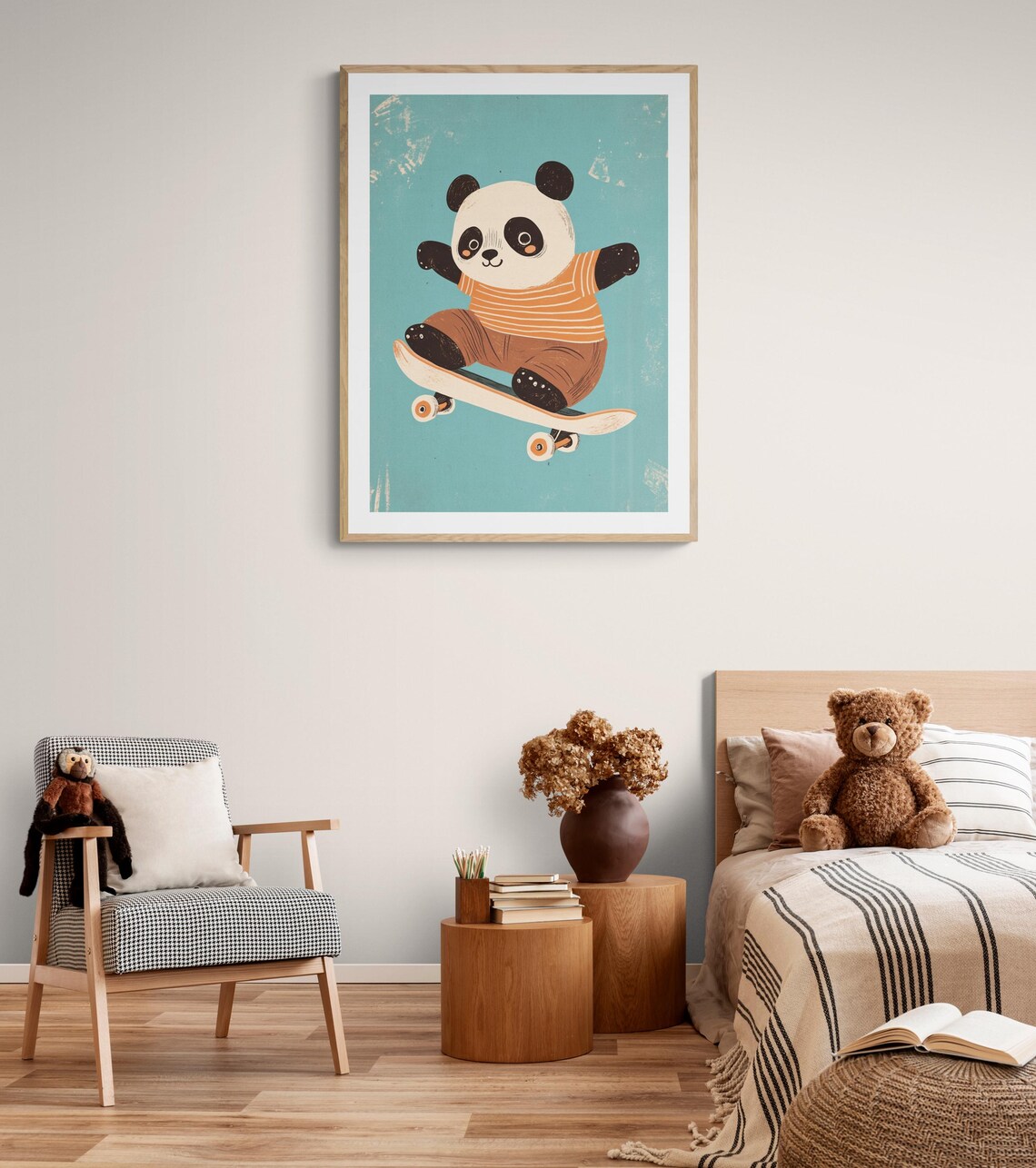 Skateboarding Panda Retro Teal Kids Room Playful Animal Wall Art Poster - Image 2
