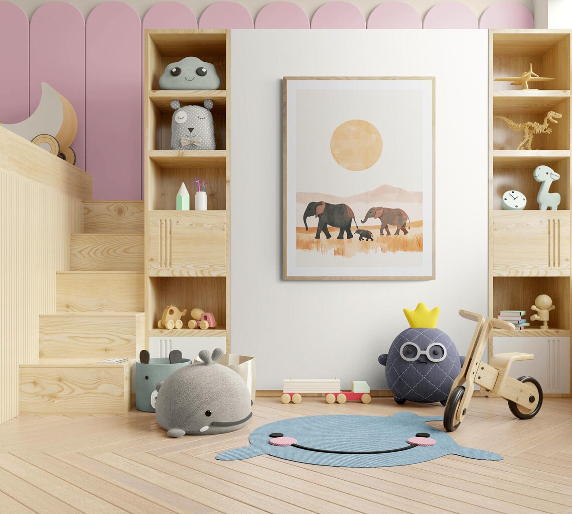 Elephant Dawn Stroll Boho Savanna Sunrise Minimalist Nursery Wall Art Print - Image 3