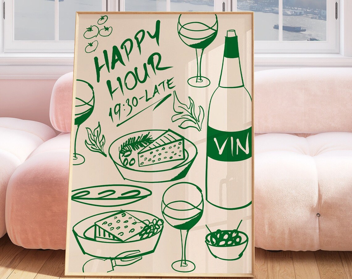 Happy Hour 19:30 to Late Green Ink Wine Sketch Kitchen Poster - Image 4