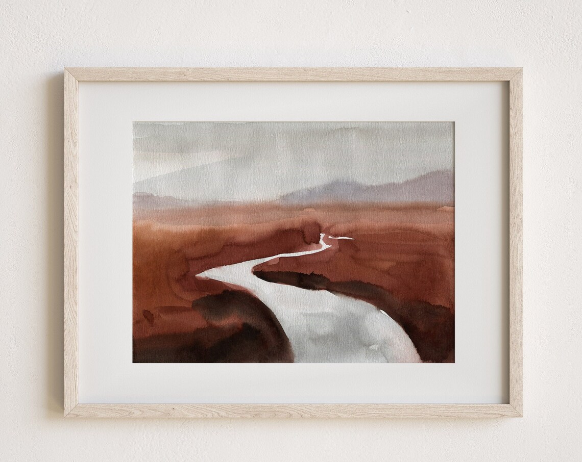 Abstract Watercolor Landscape Rust River Valley Burnt Orange Wall Art