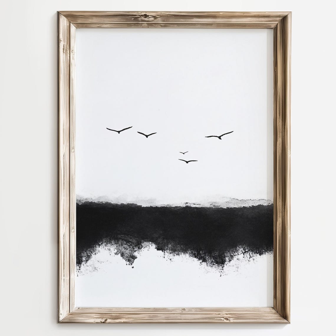Minimalist Black Birds Flying Over a Dark Ink Shoreline Print - Image 3