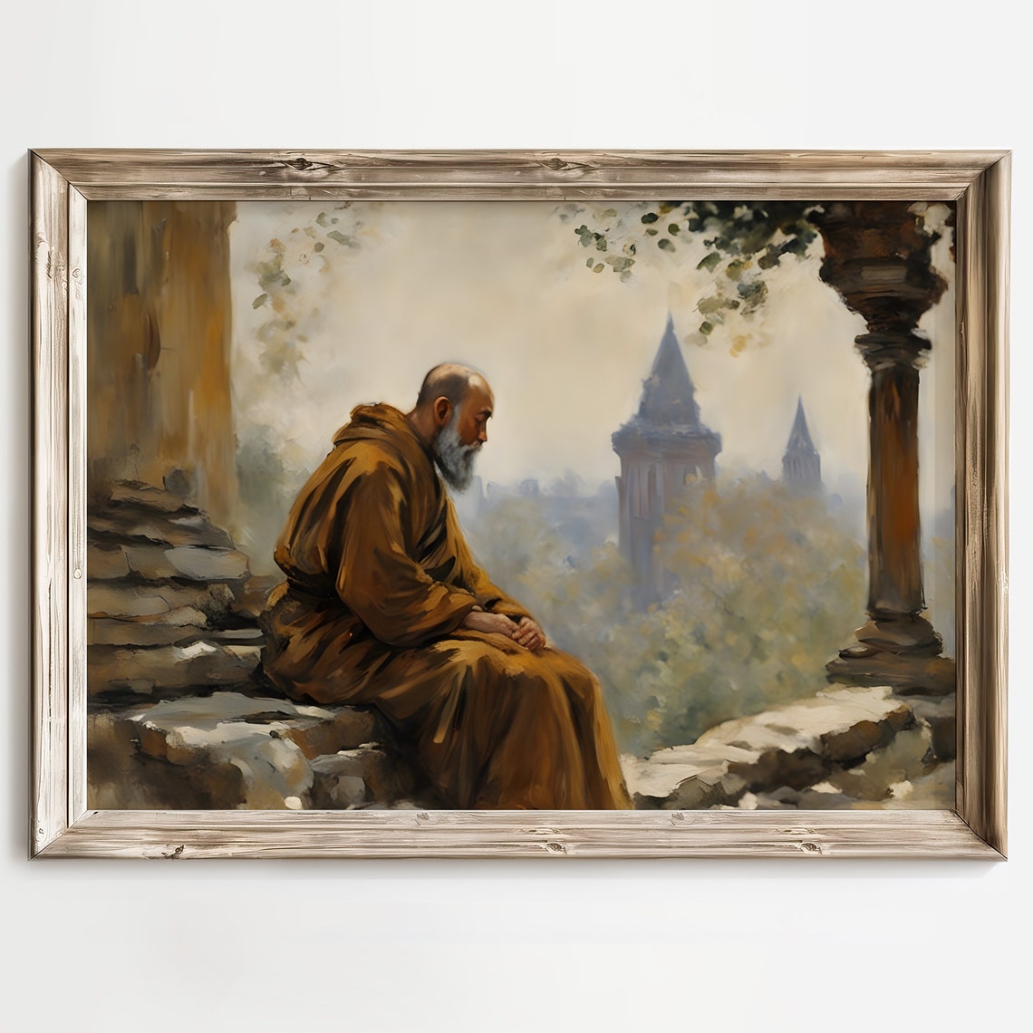Elderly Monk Sitting on Ruins Overlooking Misty Towers Poster - Image 2