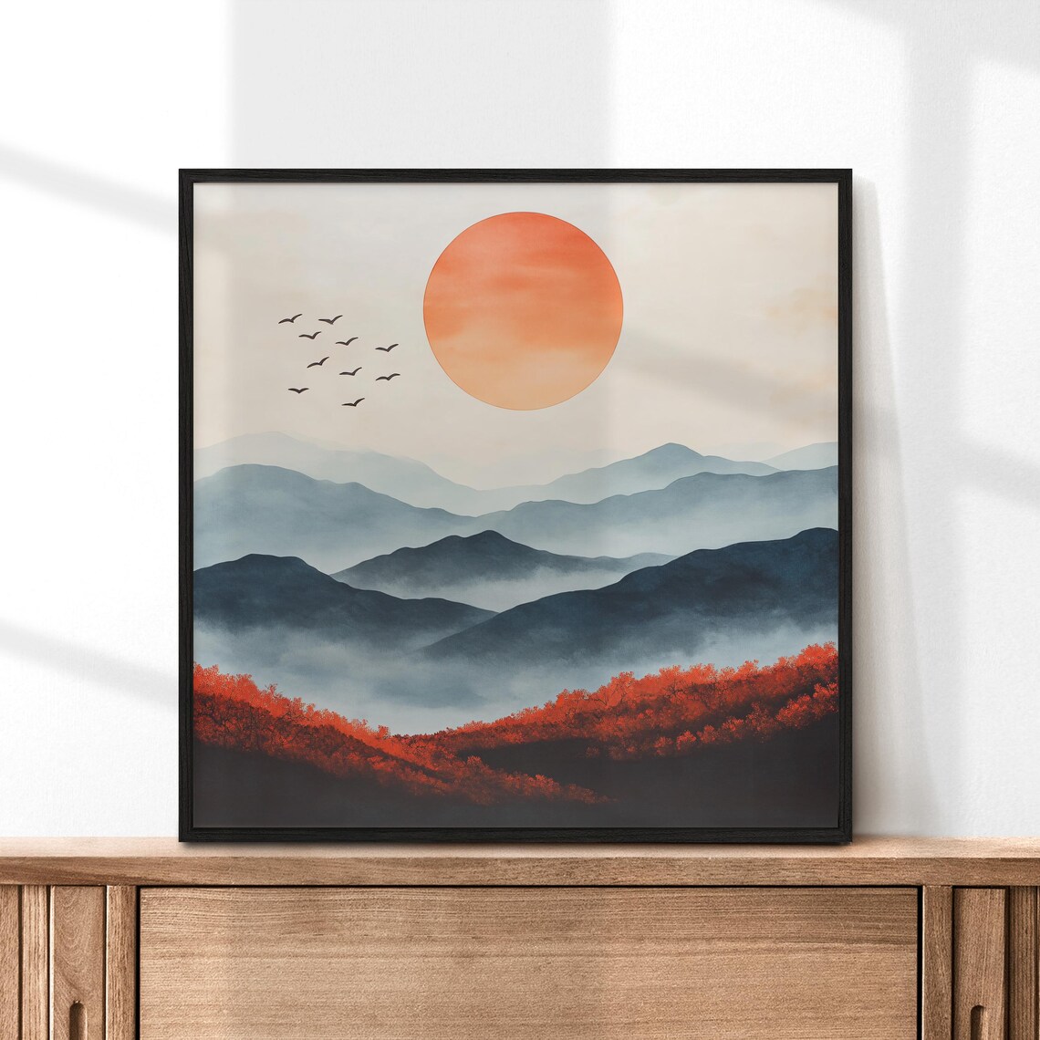 Red Sun Over Misty Mountains Japanese Style Landscape Poster - Image 4