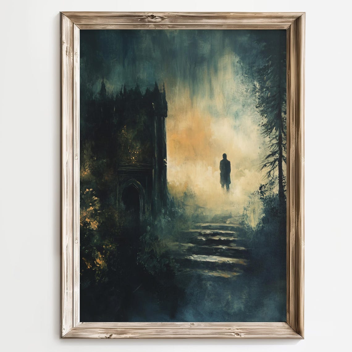 Gothic Castle In Fog Lone Figure Dark Fantasy Mystery Scene Poster - Image 2
