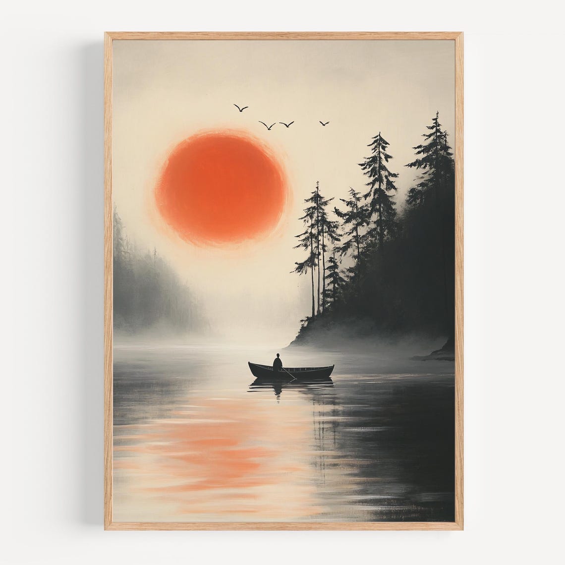 Silhouetted Canoe on a Misty Lake at Sunset Japanese Style Poster - Image 2