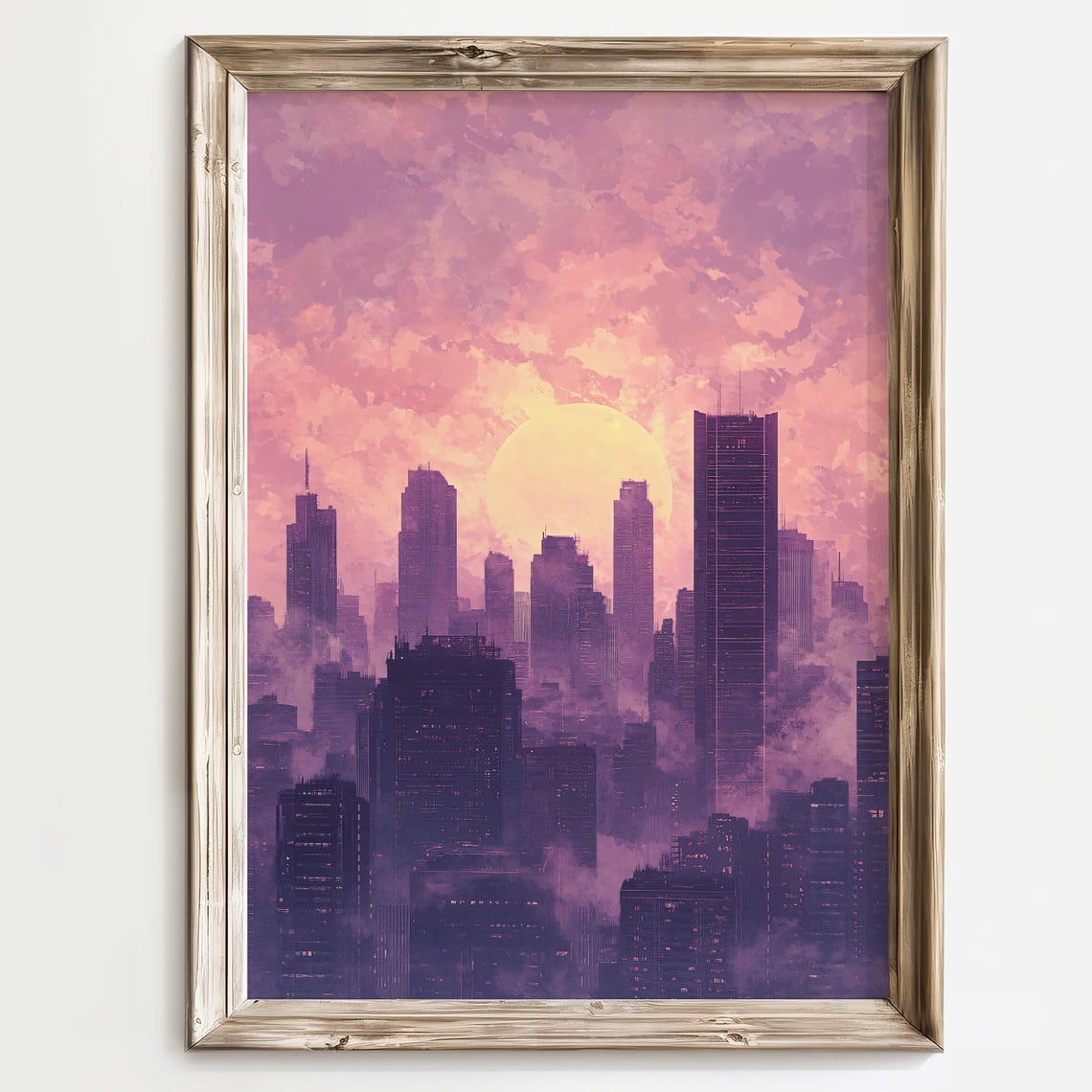 Purple Sunset City Skyline with Misty Skyscrapers Dramatic Poster