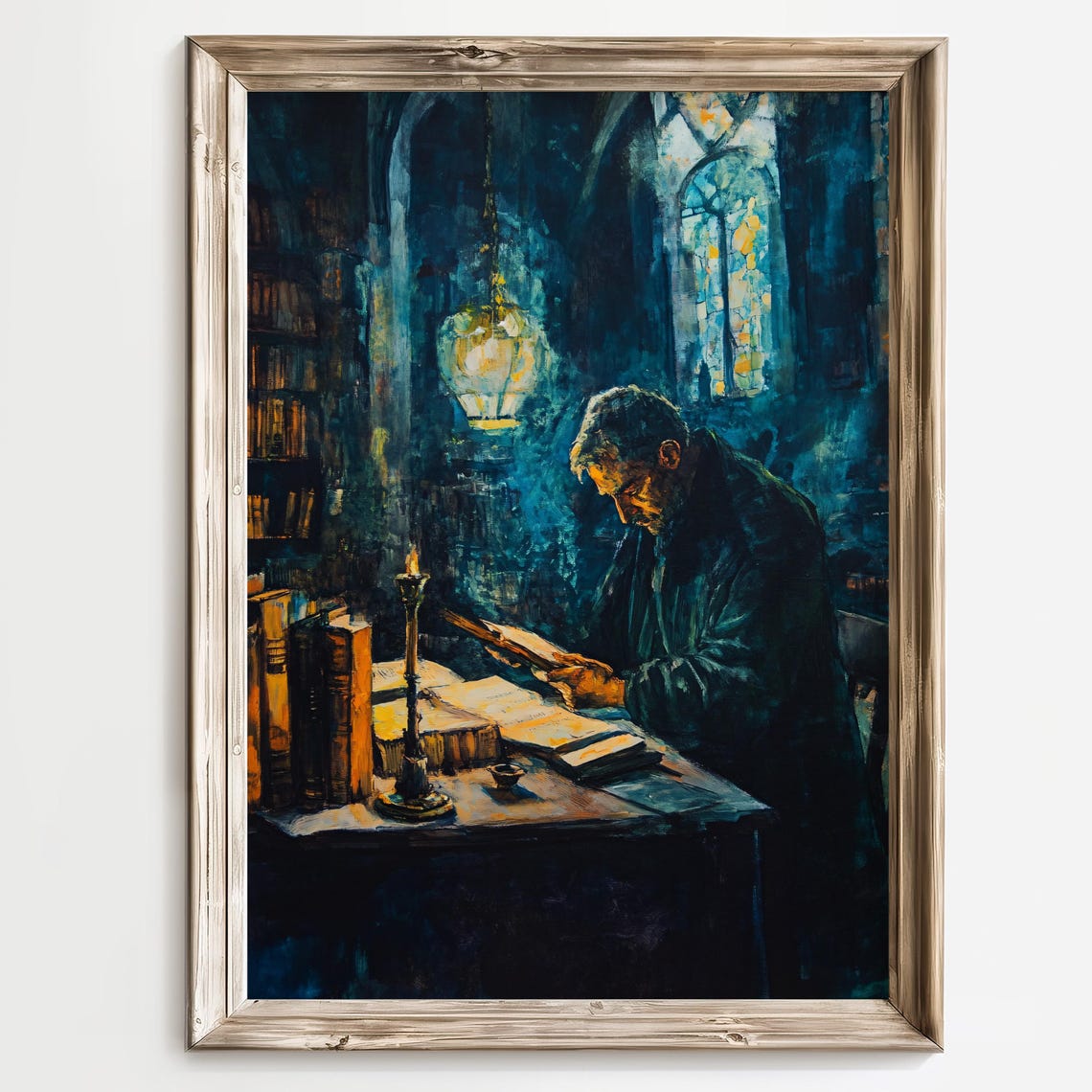 Old Scholar Reading by Candlelight in a Cathedral Library Poster - Image 2