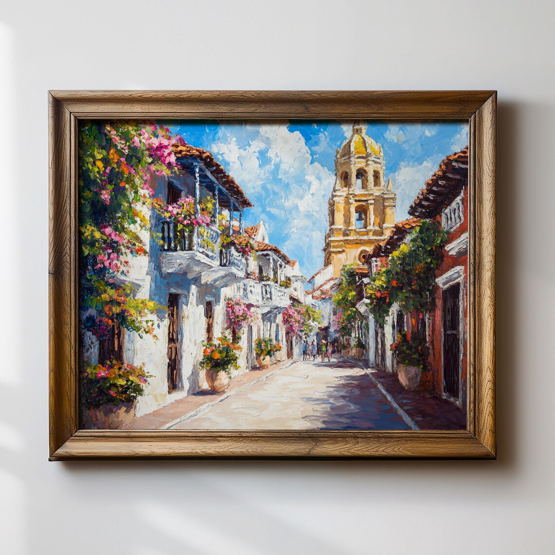 Colorful Colonial Street with Historic Golden Bell Tower Poster