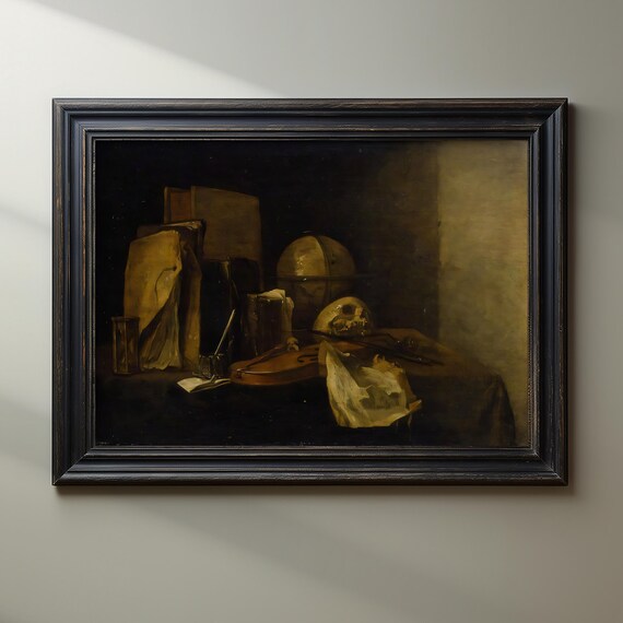 Vanitas Still Life with Skull Globe and Violin Baroque Poster