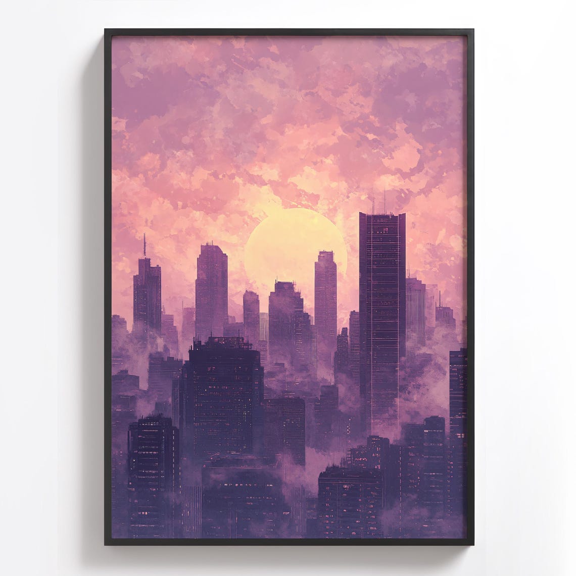 Purple Sunset City Skyline with Misty Skyscrapers Dramatic Poster - Image 2