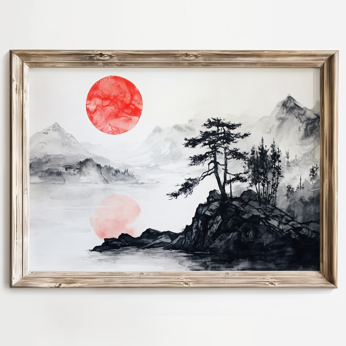 Red Sun Over Ink Mountains Japanese Sumi E Zen Landscape Poster - Image 2