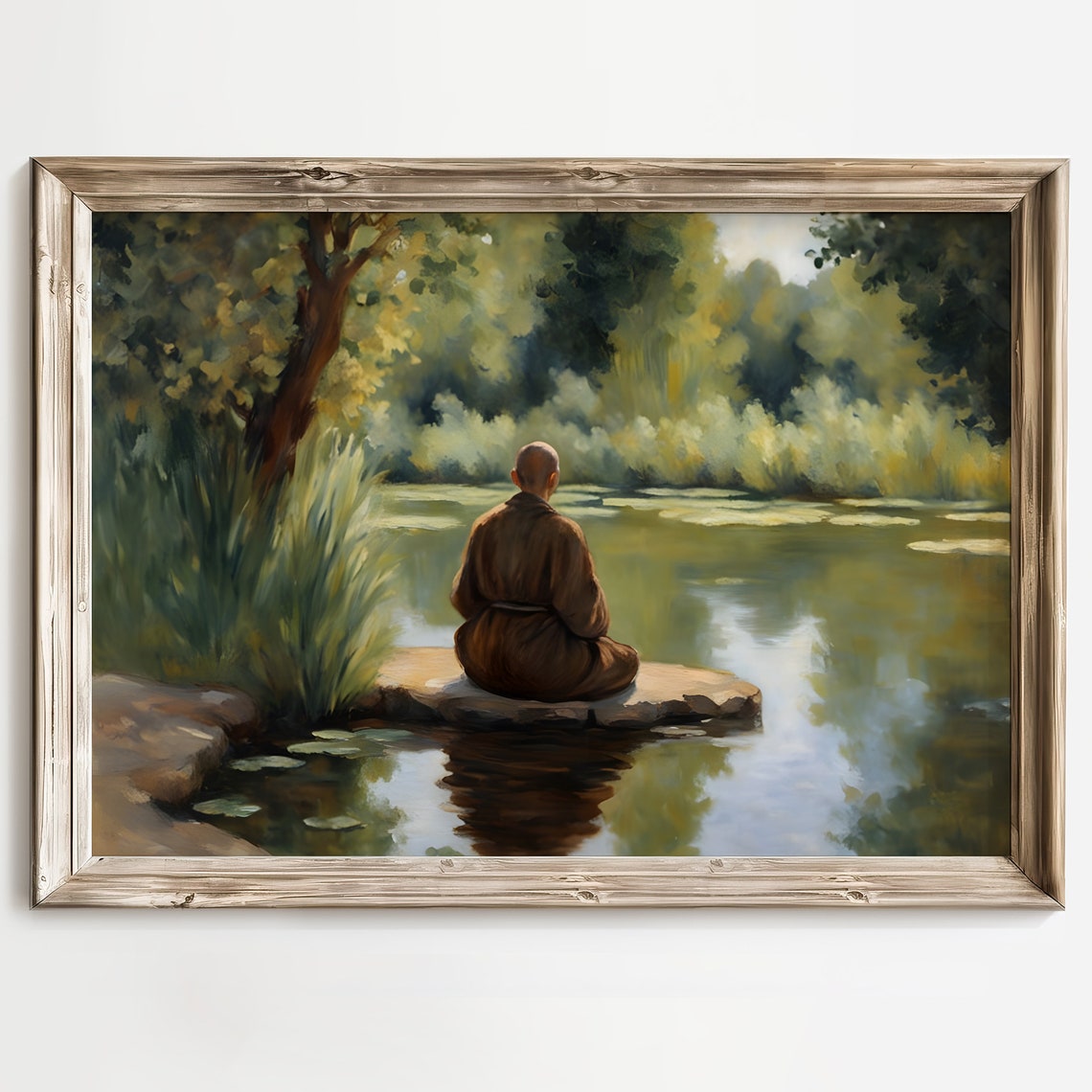 Meditating Monk by a Lily Pond in a Quiet Green Woodland Poster - Image 3
