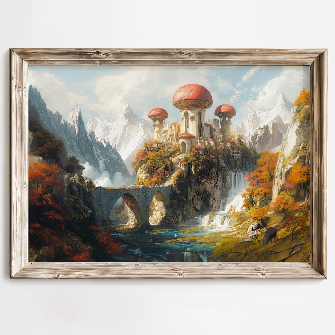 Fantasy Mushroom Castle Art Print Magical Landscape Painting Enchanted Bridge Wall Art Fantasy Village Decor Mountain Waterfall Artwork - Image 2
