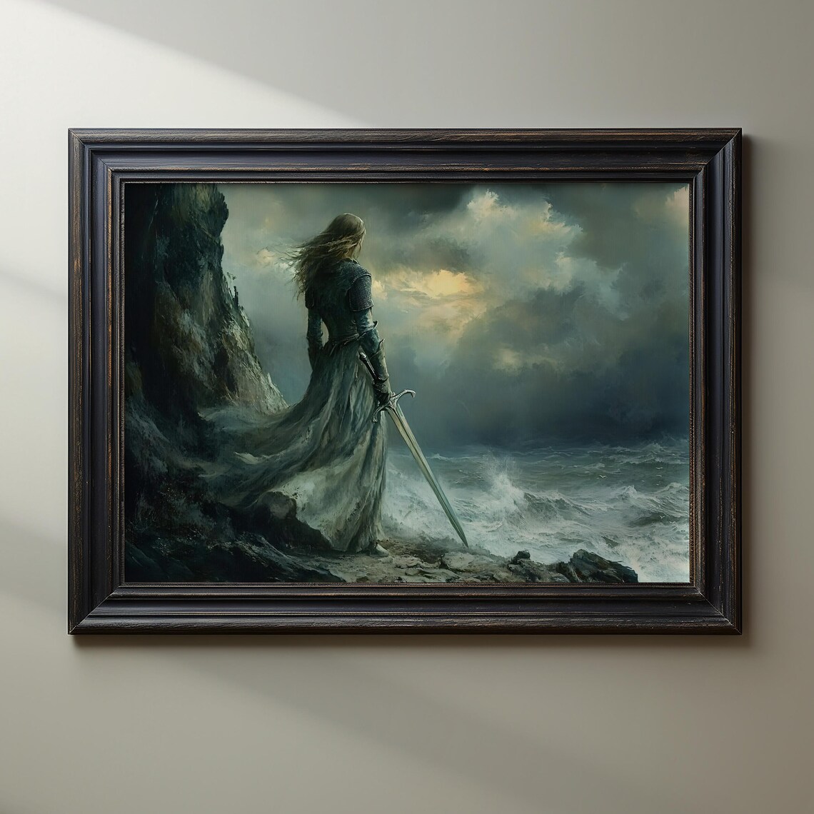 Stormy Cliff Female Warrior With Sword Dark Fantasy Seascape Poster