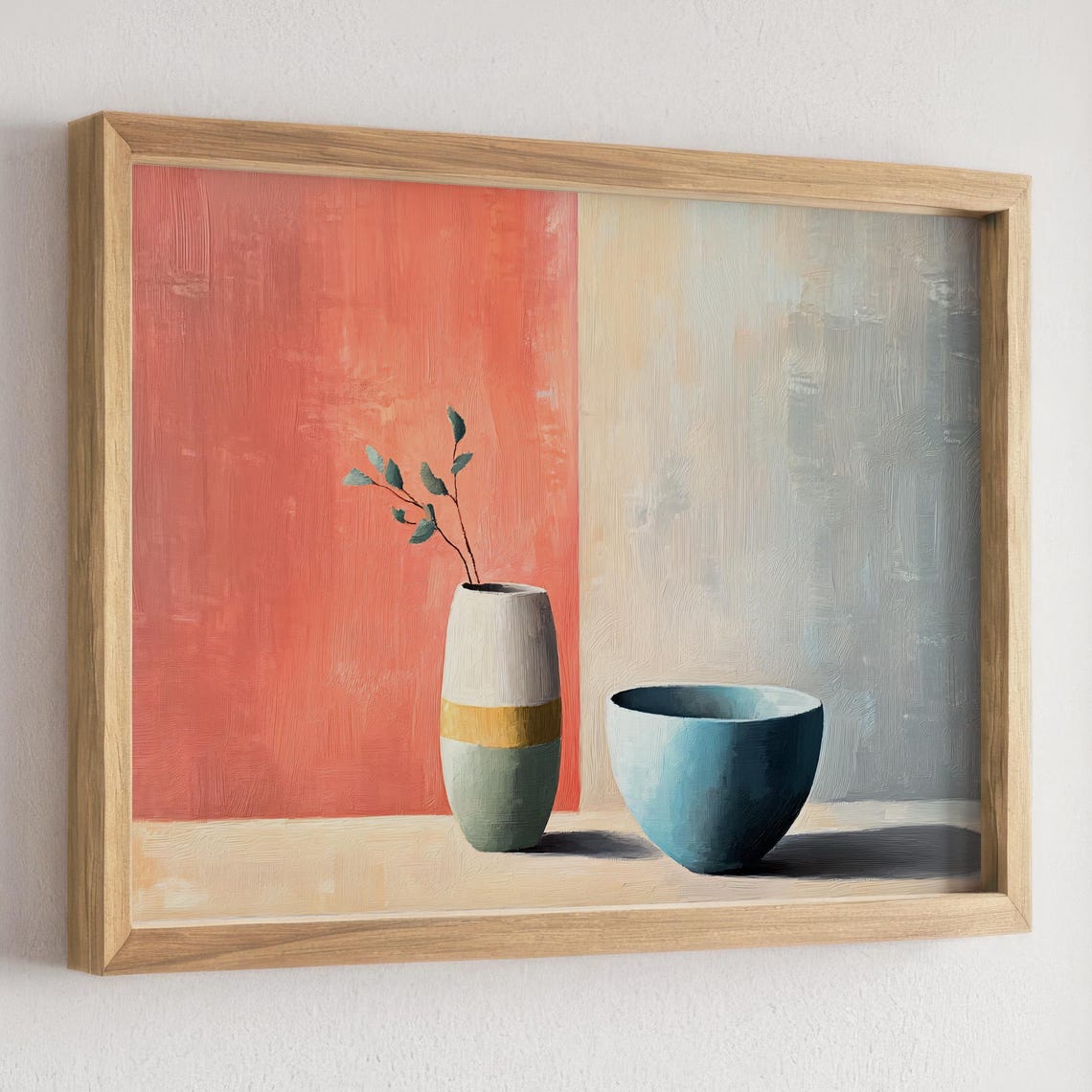 Coral and Blue Minimalist Vase and Bowl Still Life Art Poster - Image 3