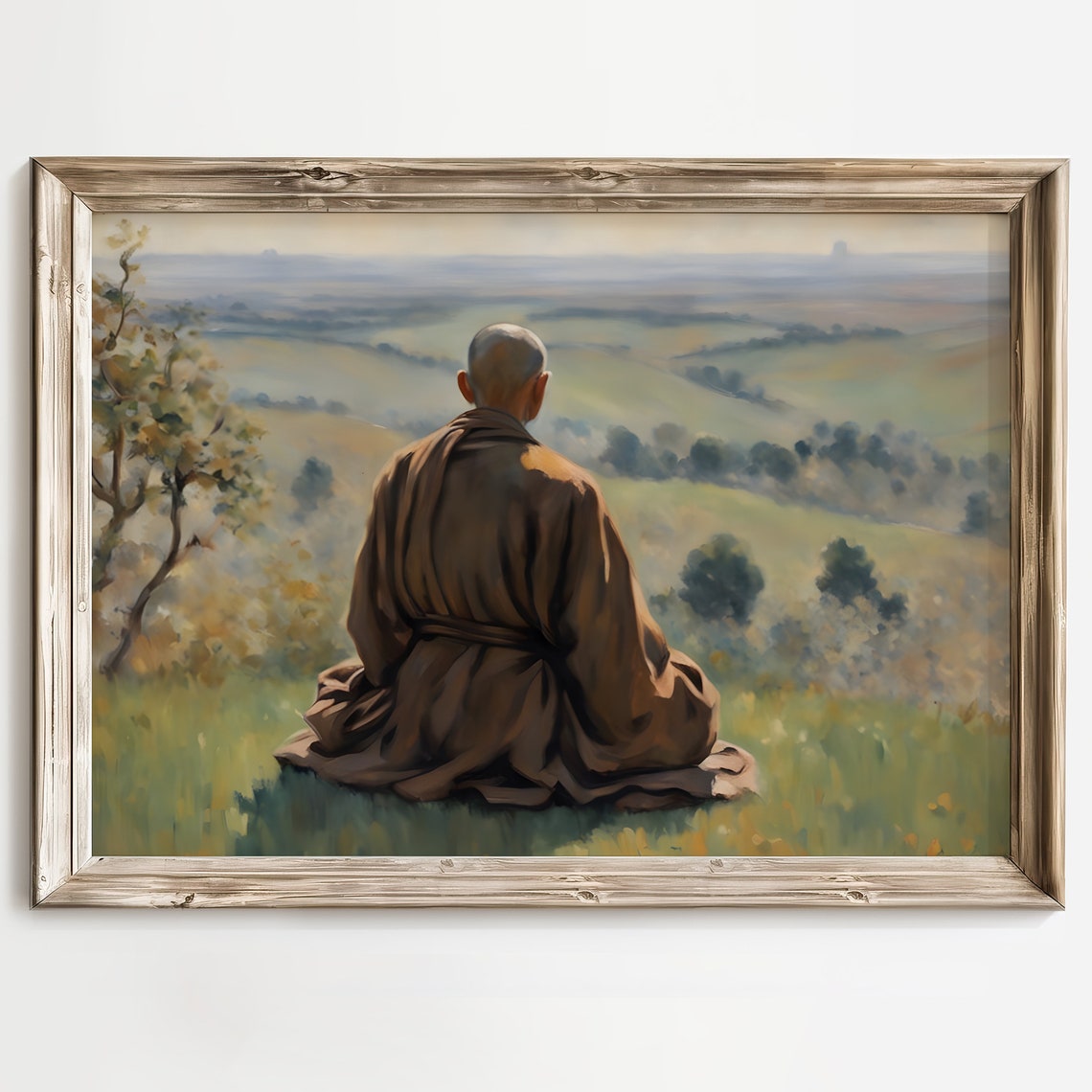 Meditating Monk Overlooking a Vast Green Valley from a Hill Poster