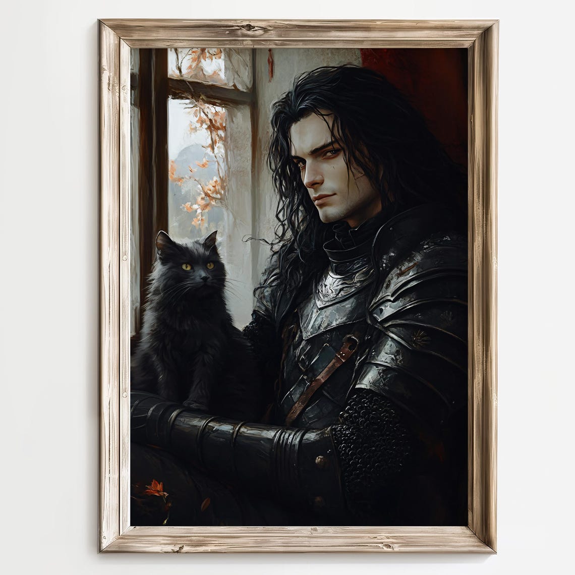 Armored Dark Knight With a Black Cat Gothic Portrait Art Poster - Image 2