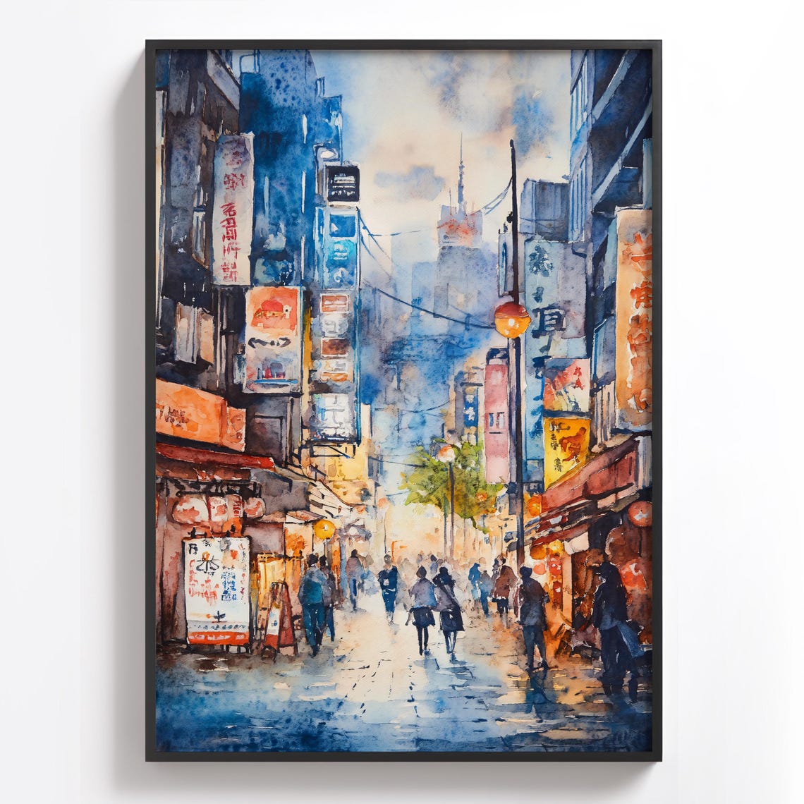 Tokyo Street Scene Print Japanese Night Market Watercolor Downtown Tokyo Painting Neon Lights Painting Japan Travel Poster Wall Decor - Image 2