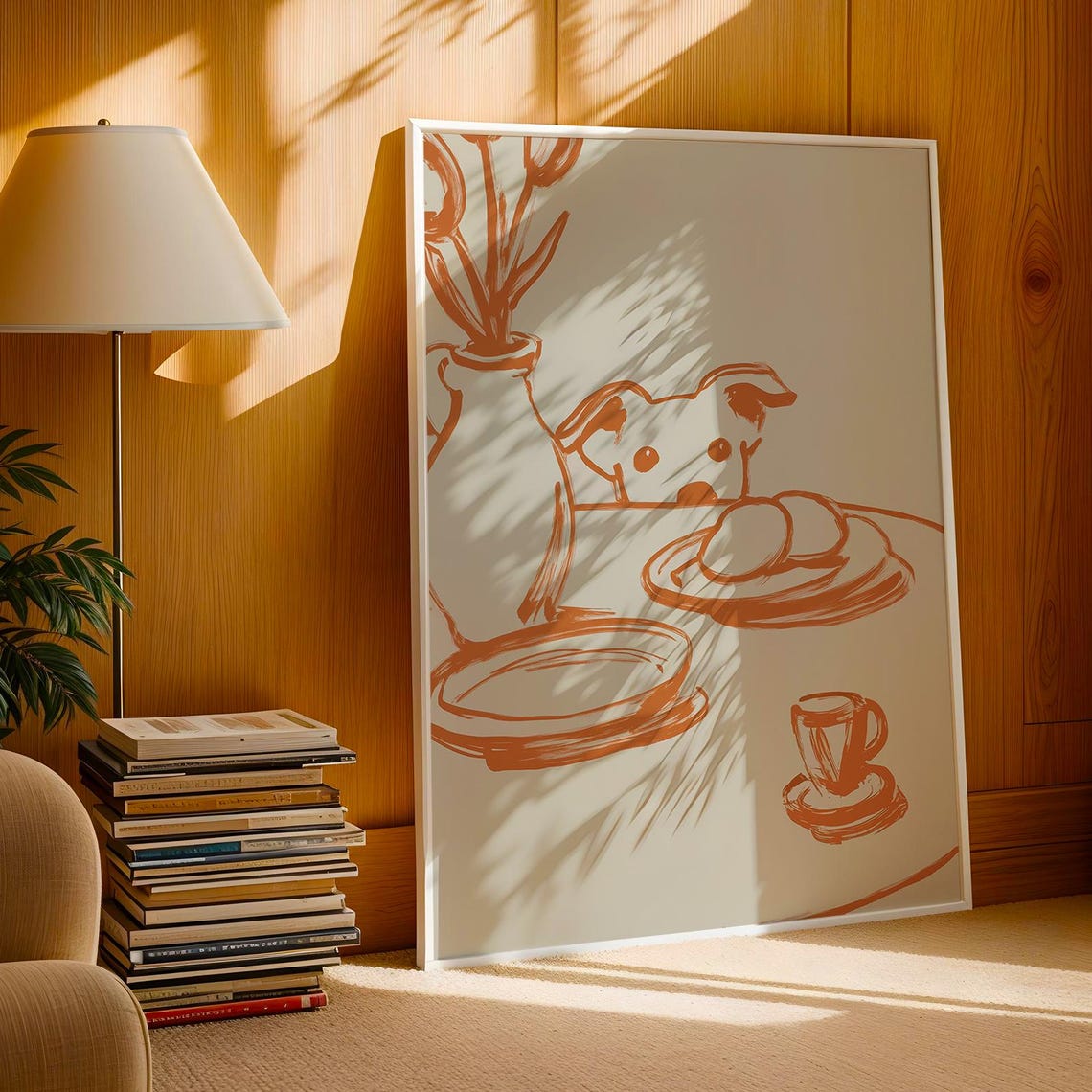 Peeking Dog Wall Art Minimalist Line Poster Terracotta Kitchen Decor Pet Lover Gift Modern Still Life Illustration Beige - Image 3