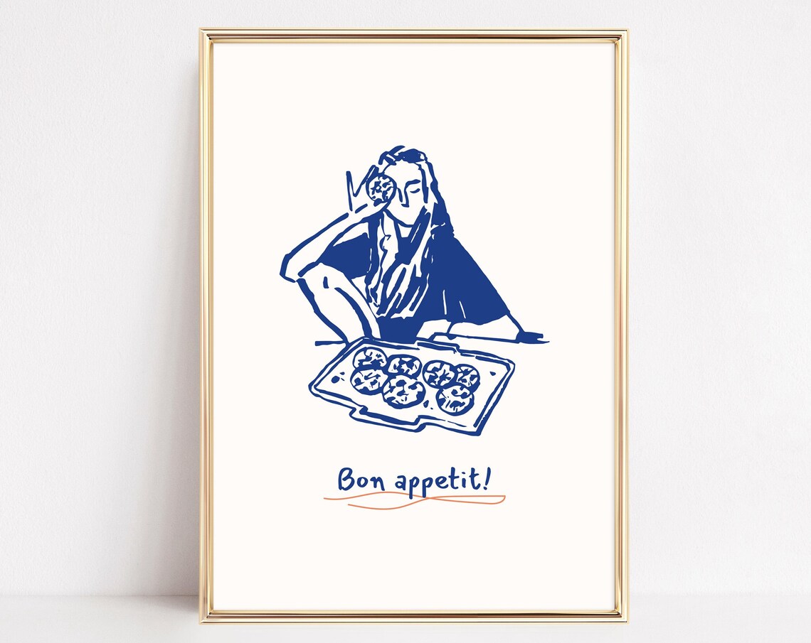 Bon Appetit Woman Savoring Oysters Blue Line French Bistro Art Poster