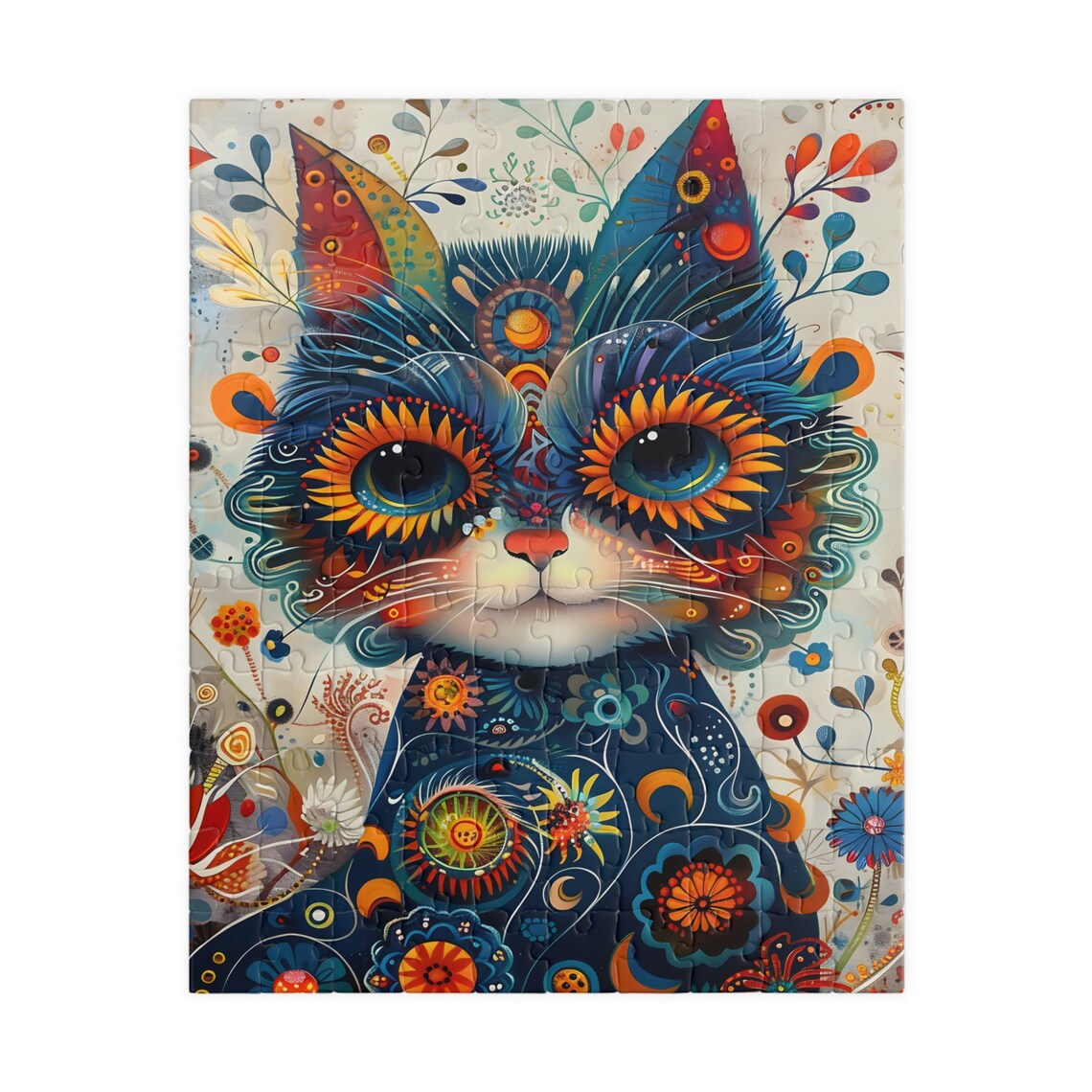 Colorful Folk Art Cat Portrait with Sunflower Eyes Art Poster - Image 3
