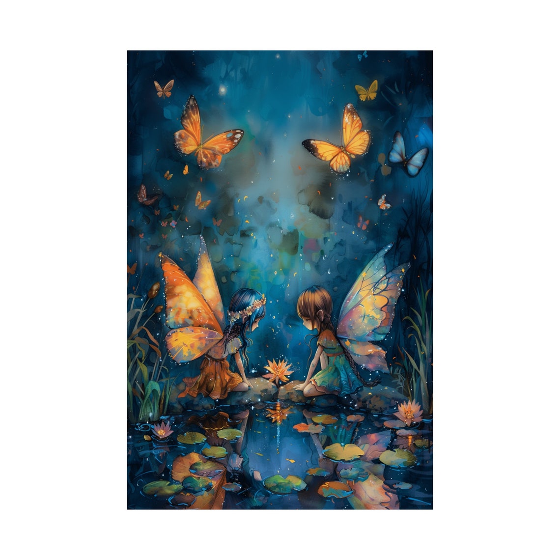 Two Fairies by Moonlit Pond Lily Pads Butterflies Watercolor Poster - Image 3