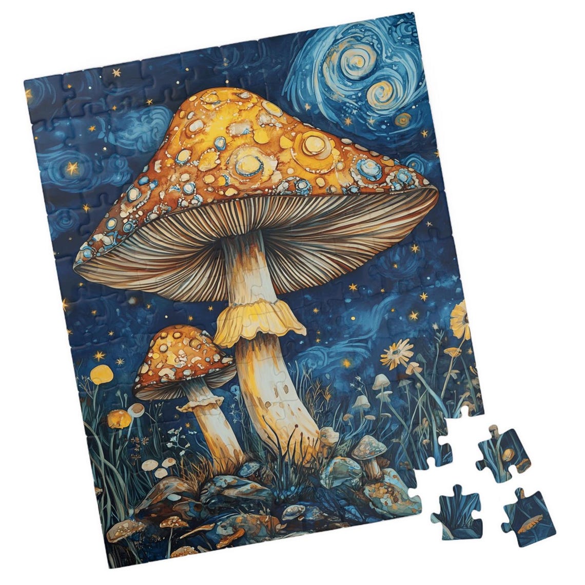 Magical Giant Mushrooms Under a Swirling Starry Night Poster