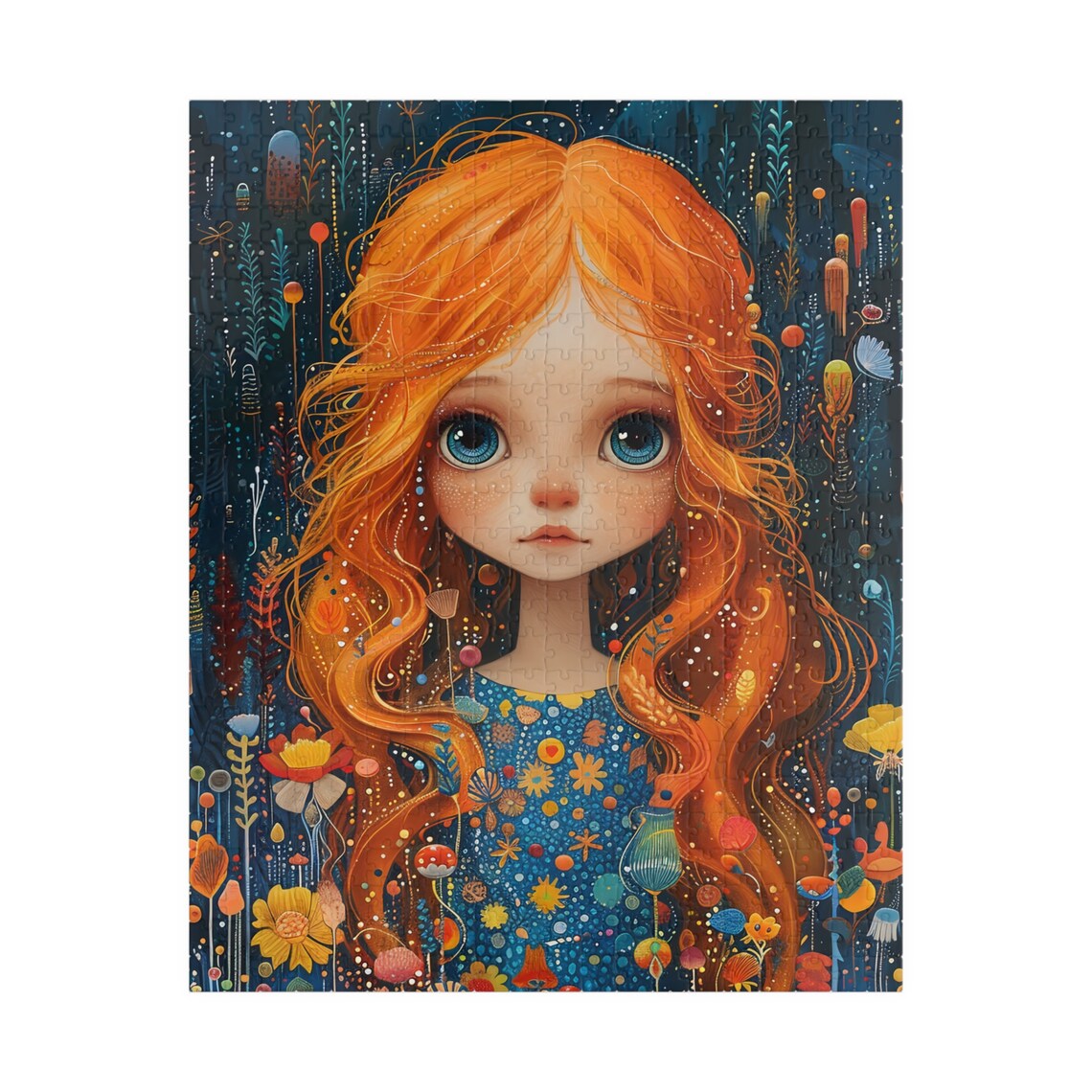 Girl with Orange Hair and Blue Eyes Whimsical Folk Art Portrait Poster - Image 5