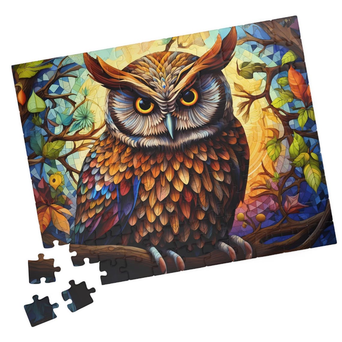 Colorful Mosaic Owl Perched on a Branch in Stained Glass Style Print