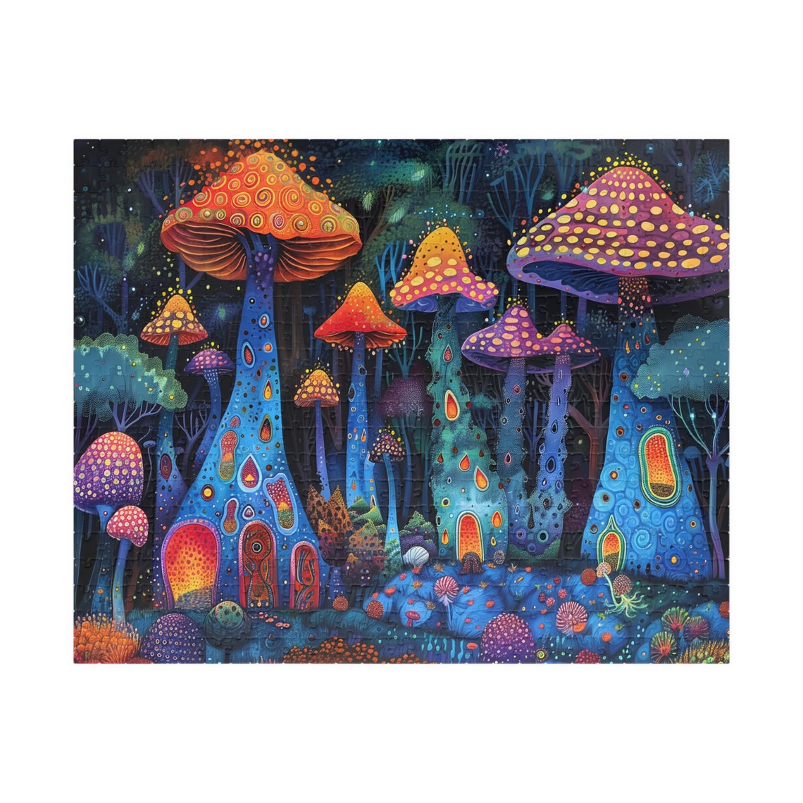 Enchanted Neon Glowing Mushroom Fairy Houses Night Forest Poster - Image 3