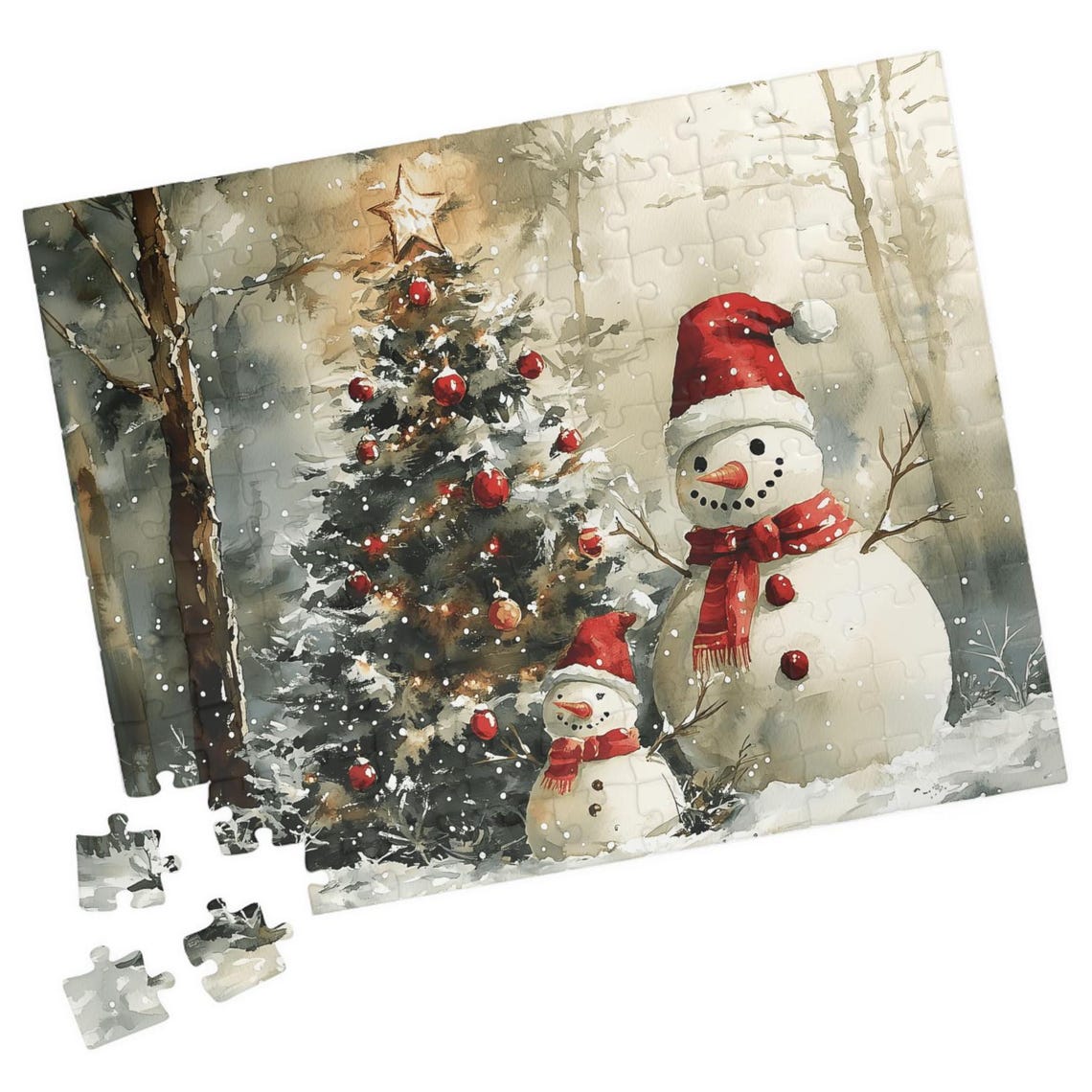 Two Snowmen With Santa Hats By A Christmas Tree In Snow Art Print