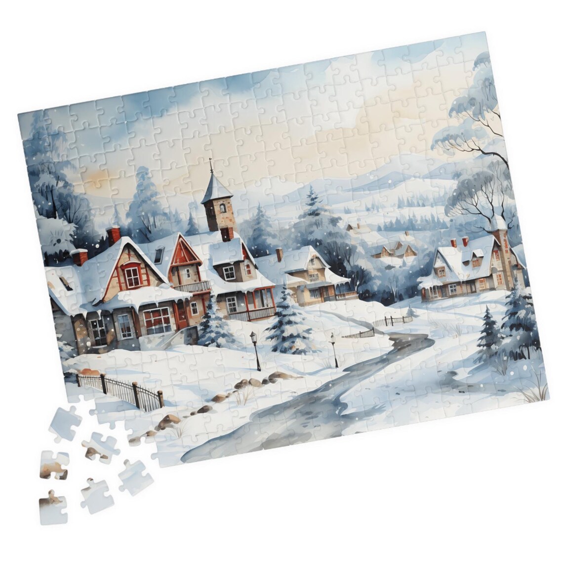 Snowy Suburban Street Watercolor Winter Village Calm Scene Poster